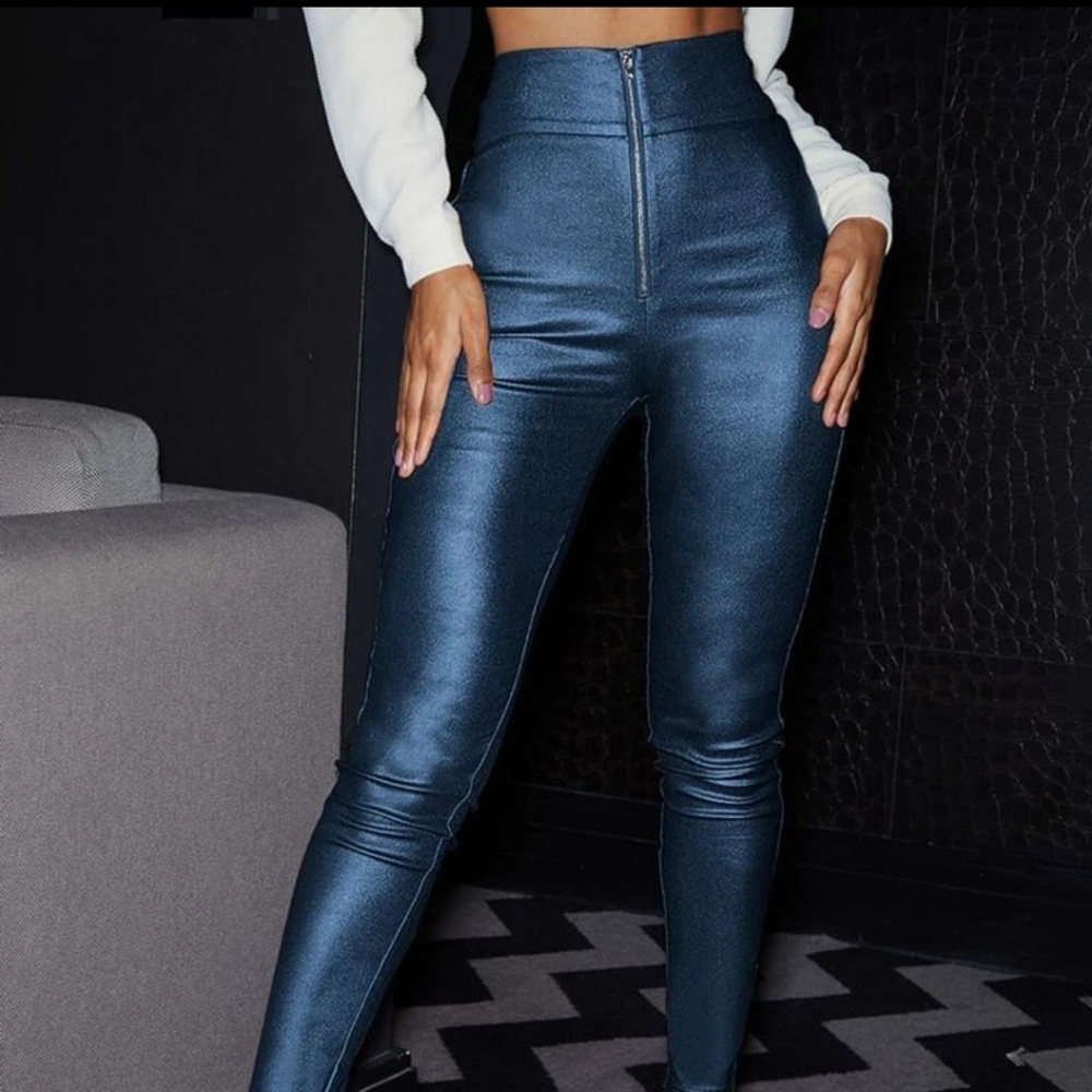 SHEIN Metallic Faux Leather Zip-Up Skinny Pants